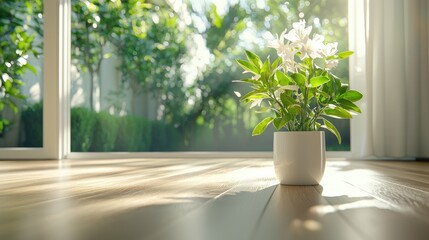 Fototapeta premium Potted plant by sunlit window, green garden view, home interior, peaceful scene, ideal for home decor