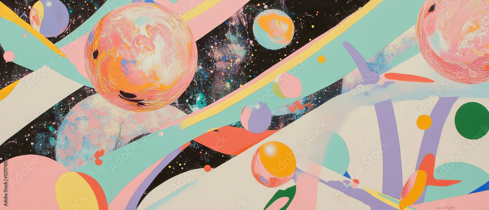 Poster creative arrangement of squiggles, lines, and dots with vibrant colors and cosmic elements