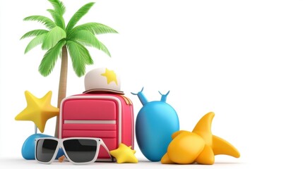Fototapeta premium Colorful Travel Essentials on Bright Background with Palm Tree