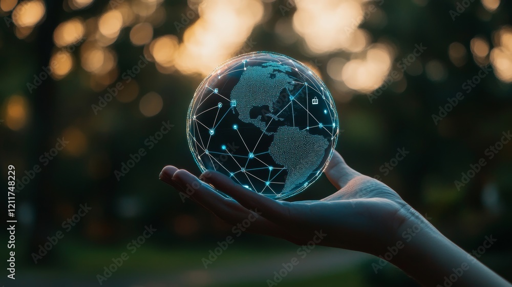 Poster global network and technology connection on digital earth globe. green planet earth. eco-friendly en