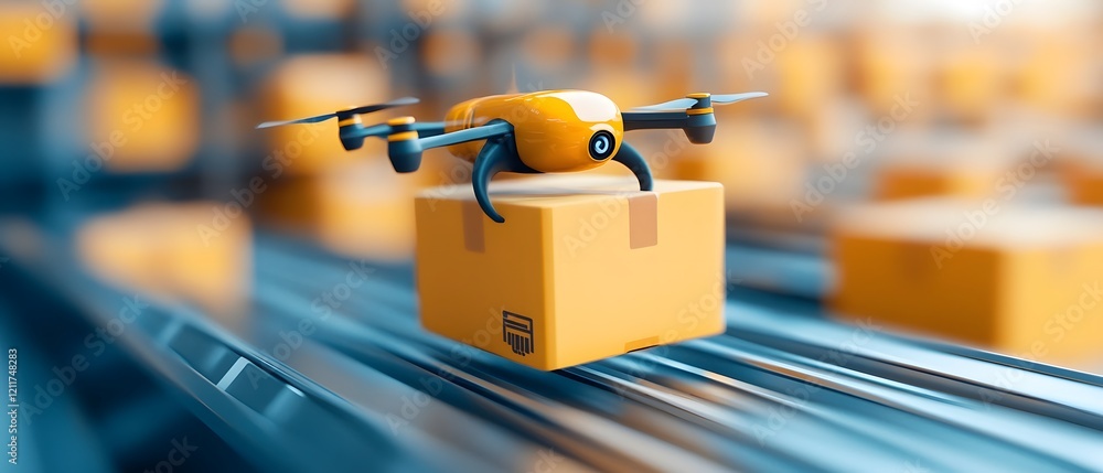 Poster automated drone delivery in efficient ecommerce warehouse with digital overlays