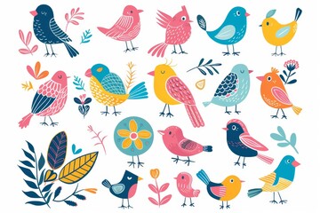 Bird doodle icon set, sparrow symbols, bird sign collection, sketched wild animal pictograms