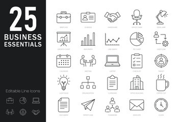 Business essentials line editable icons set. Vector illustration in modern thin line style of office and work icons. Business tools, productivity, office environment - stock vector
