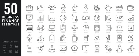 Business finance essentials line editable icons set. Vector illustration in modern thin line style of financial icons. Money management, business tools, financial analysis - stock vector