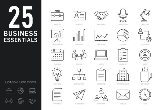 Business essentials line editable icons set. Vector illustration in modern thin line style of office and work icons. Business tools, productivity, office environment - stock vector