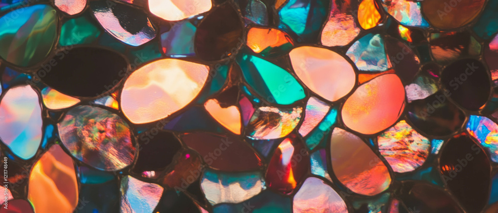 Poster vibrant stained glass with intricate patterns and rich colors in artistic display