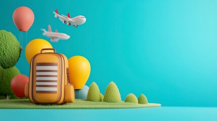Colorful Travel Scene with Luggage, Balloons, and Airplanes