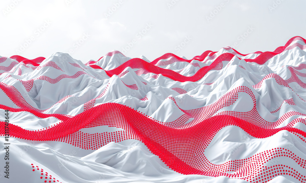 Poster abstract landscape with red dotted waves over white mountains, creating modern and dynamic visual ef