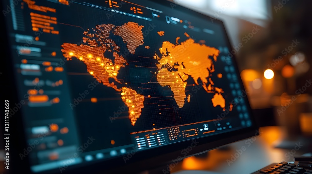 Poster global supply chain control room with futuristic interactive map and real time shipment tracking