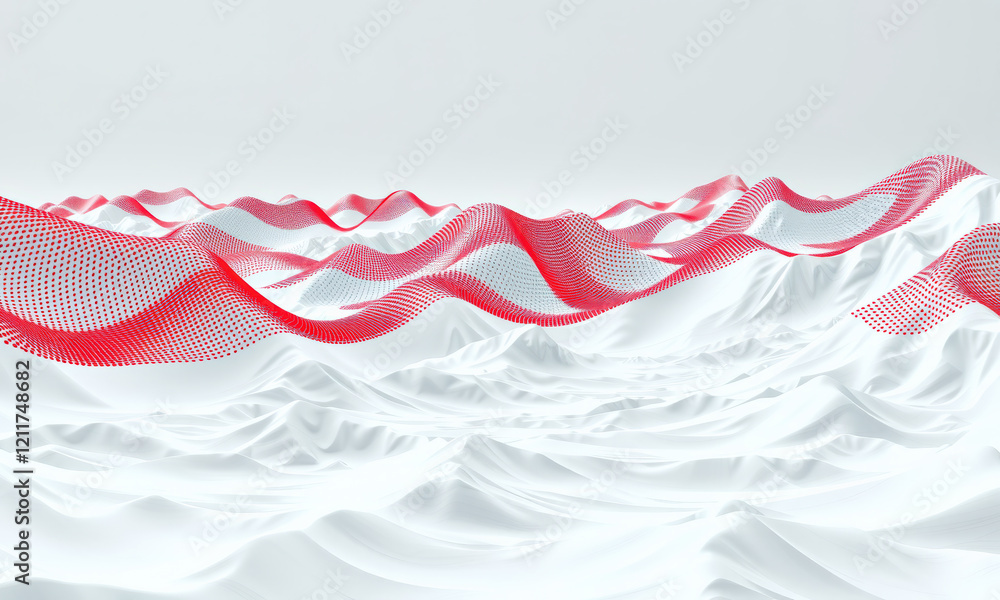 Poster abstract landscape with red and white waves creating dynamic visual effect, evoking sense of movemen