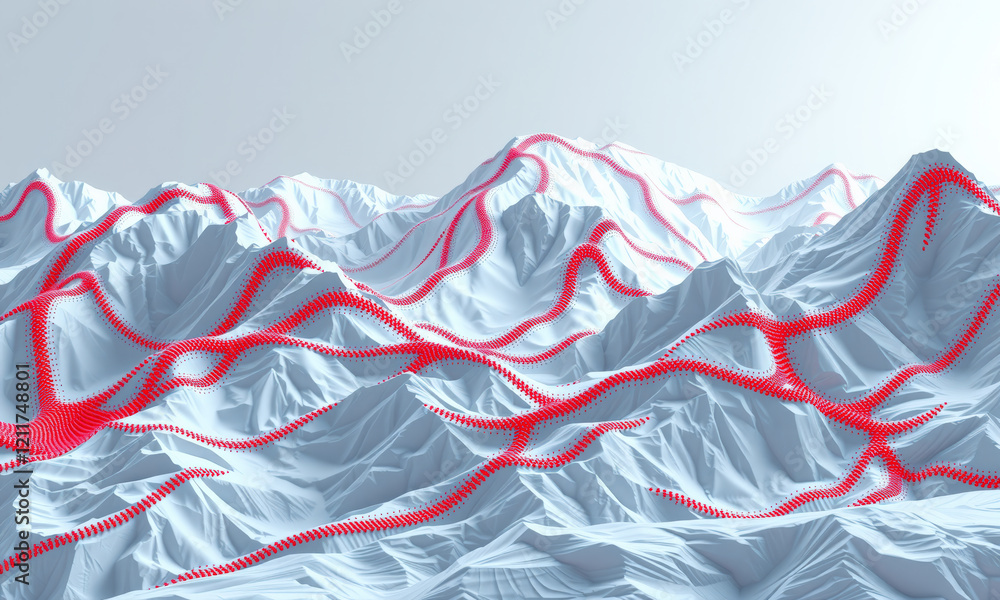 Poster stunning abstract landscape featuring white mountains with red lines winding through peaks, creating