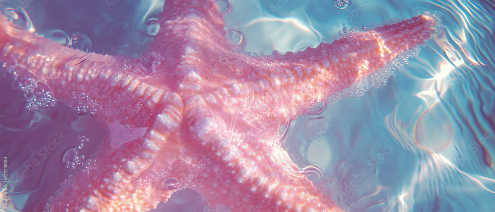 Poster unique texture and radial shape of a starfish floating in tranquil waters