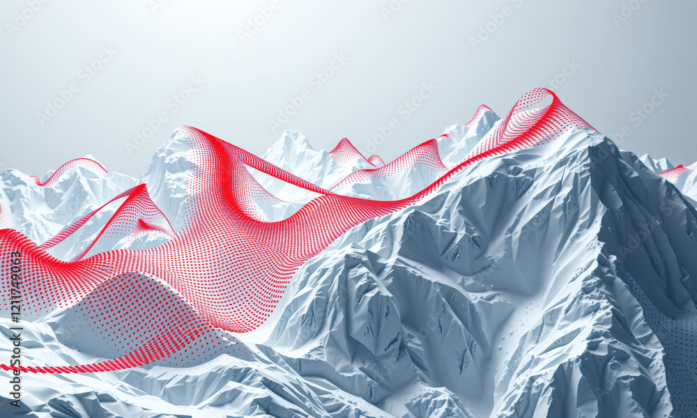 Poster stunning abstract landscape featuring snow capped mountains with red dotted lines flowing over peaks
