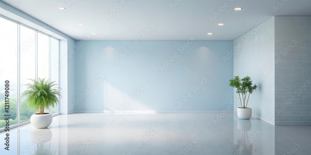 Sticker Serene Minimalist Room Interior Design with Plants and Large Window Featuring Light Blue Walls and Polished Floor