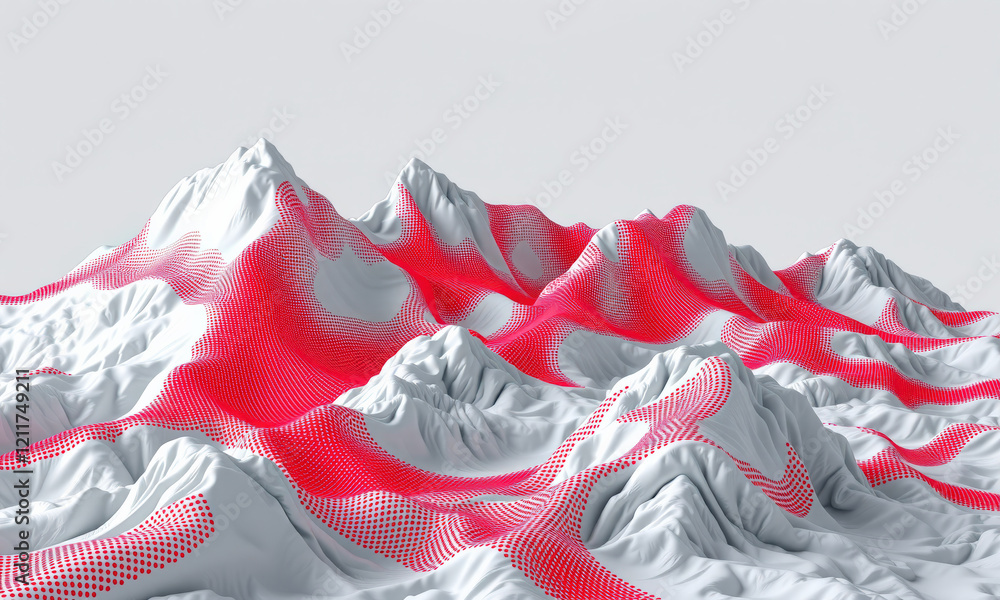 Poster abstract landscape featuring white mountains with red dotted patterns, creating striking visual cont