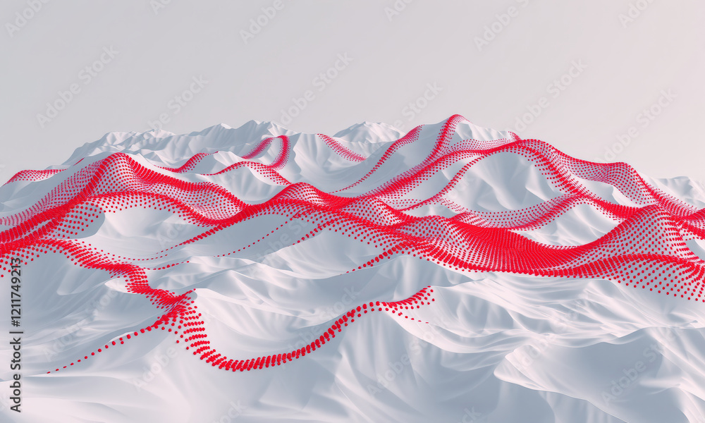 Poster digital abstract landscape featuring white mountains with red dotted lines creating wave like patter
