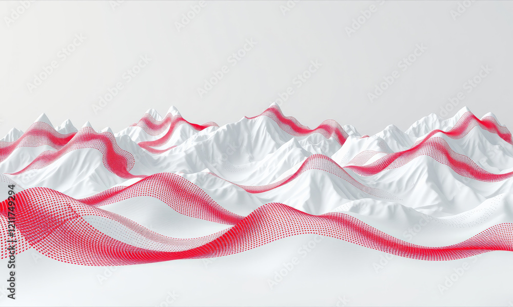 Poster abstract landscape with white mountains and red wave patterns creating modern, artistic feel. design