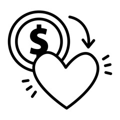 An icon showing spending money on things you like. Dollar coin is transformed into heart.