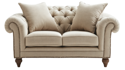 Elegant tufted sofa with decorative pillows in a modern living room setting isolated on transparent background