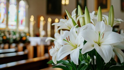 easter lilies in full bloom adorning a church altar with stained glass windows and lit candles in the background