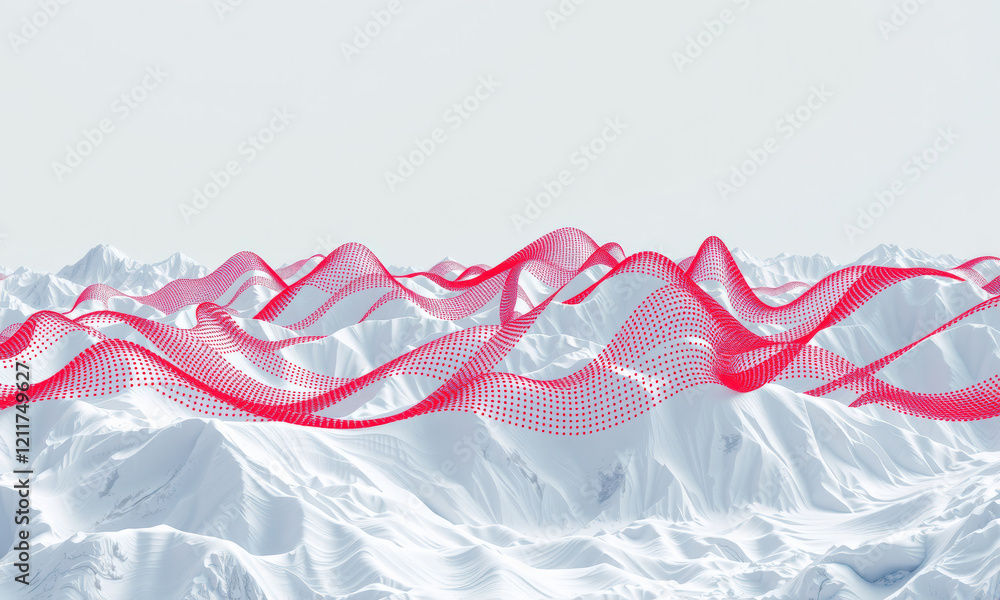 Poster abstract landscape with red wave patterns over snowy mountains, creating striking visual contrast an