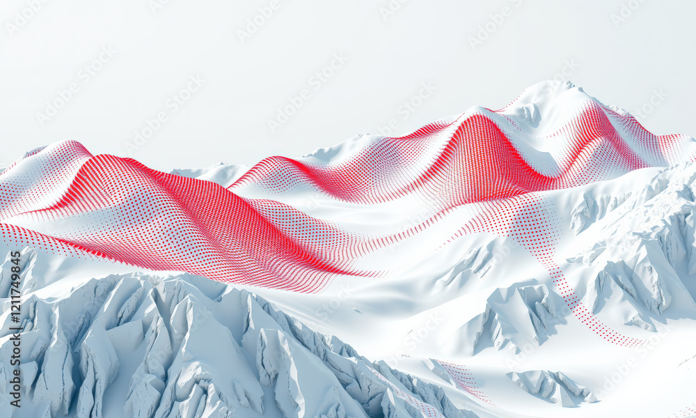Poster abstract landscape with red dotted patterns over snowy mountains, creating striking visual contrast 
