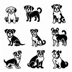 Naklejka premium Cute dog icon set, pet animal flat silhouette, puppy icons, funny dog character pictogram, minimal woof sign