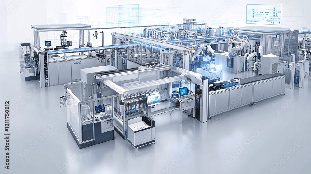 Aufkleber a high-tech automated factory with robotic arms and advanced machinery in a clean industrial setting