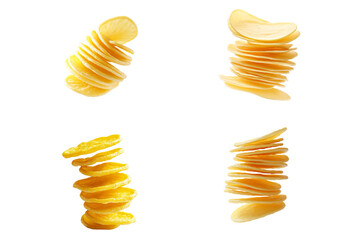 Photo of pile of yellow potato chips isolated on white background