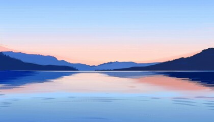 A peaceful, picturesque scene of a calm lake reflecting the sky at dusk. The silhouettes of distant mountains are visible in the distance.