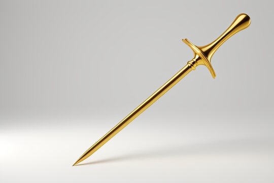 a close up of a golden sword on a white surface