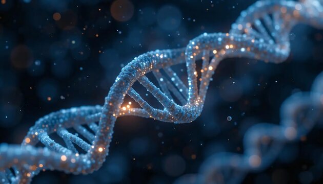 Close-up of DNA Helix Intertwined with Digital Binary Code