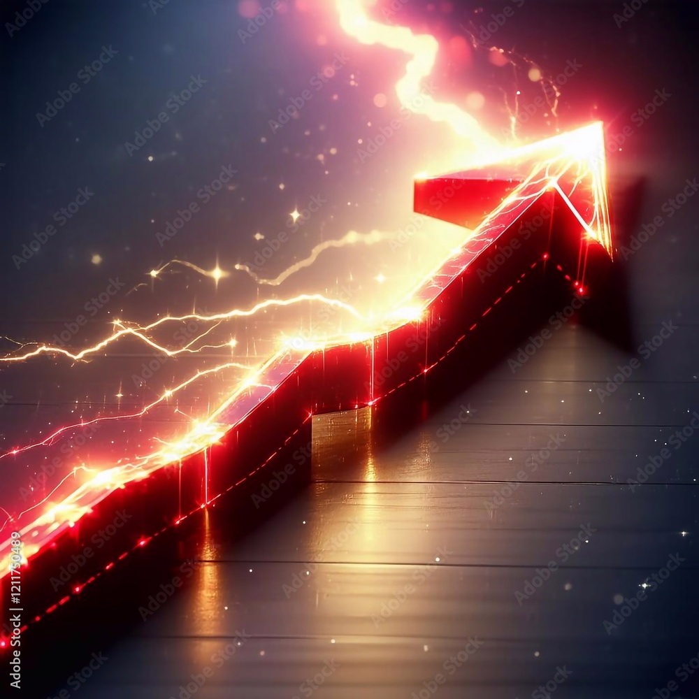 Wall mural digital 3d red arrow pointing up against colorful night sky background symbolizes growth dynamics, i