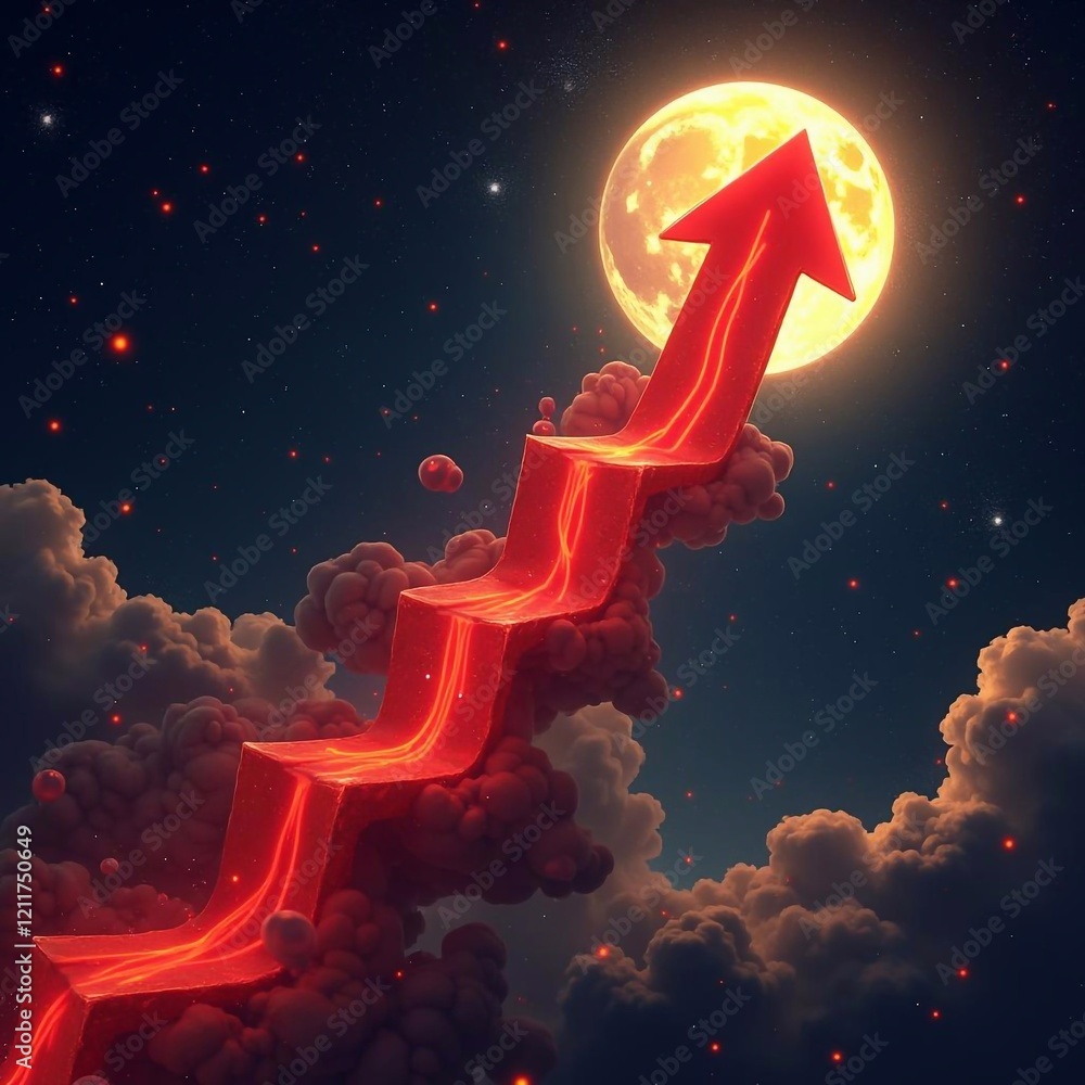 Wall mural digital 3d red arrow pointing up against colorful night sky background symbolizes growth dynamics, i
