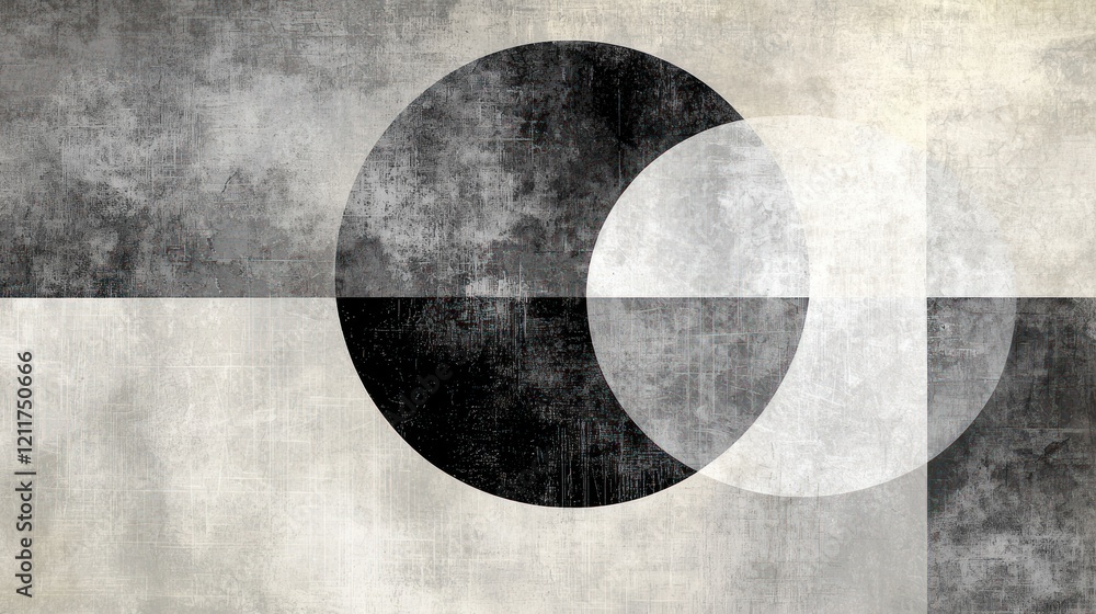 Poster abstract geometric composition in monochrome: interplay of circles and squares on a textured backgro