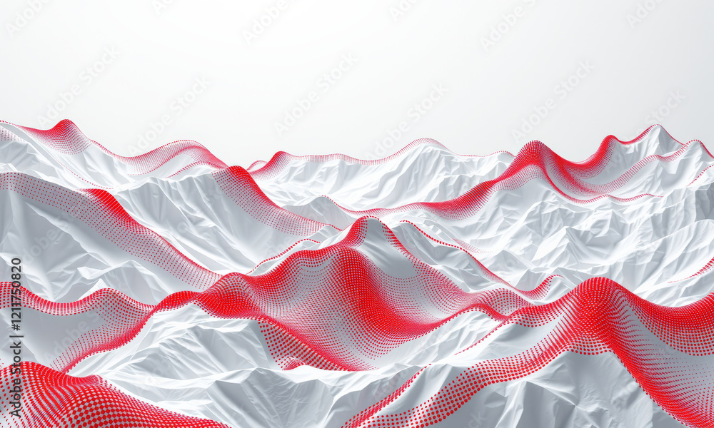 Poster abstract landscape with red and white wave patterns creating modern, artistic representation of moun