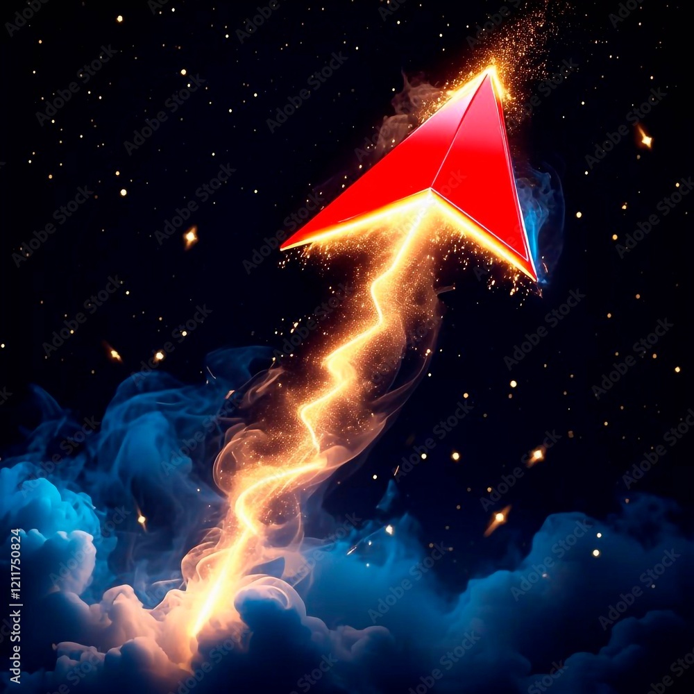 Wall mural digital 3d red arrow against colorful night sky background pointing up symbolizes growth dynamics, i