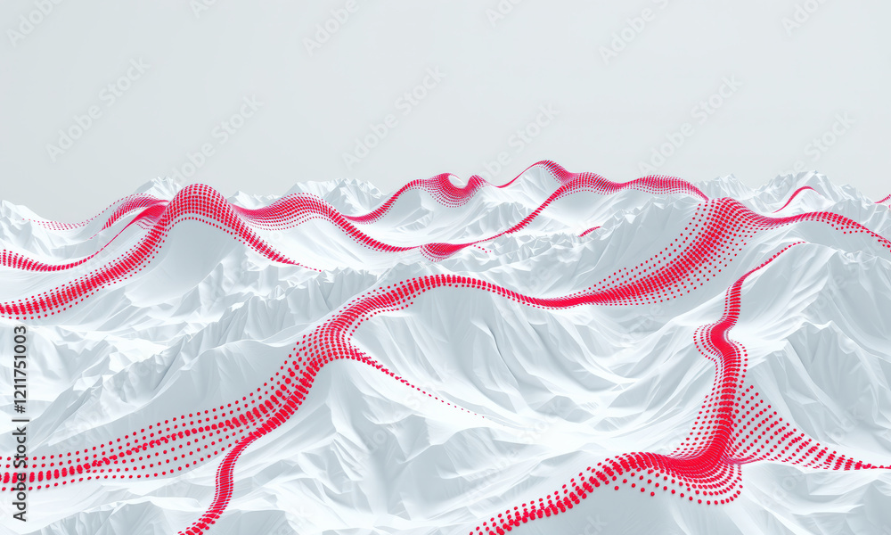 Poster abstract landscape with white mountains and red dotted lines creating dynamic visual effect, evoking