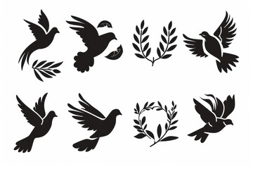 Obraz premium Peace dove graffiti, pigeons, twigs ink illustration. Flying birds silhouettes monochrome flat icons