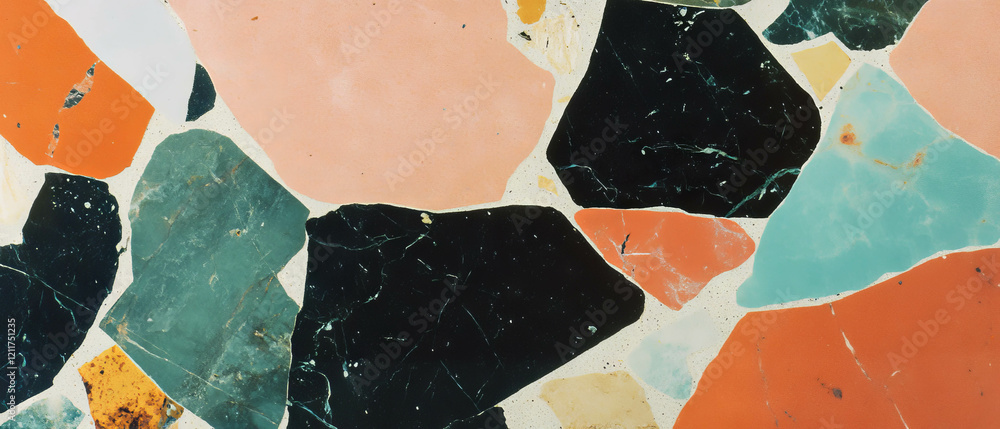 Poster explore the vibrant patterns of terrazzo with fragmented shapes and rich colors