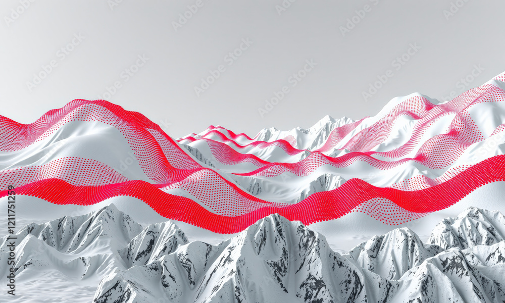 Poster abstract landscape featuring red wave patterns over snowy mountains, creating striking visual contra