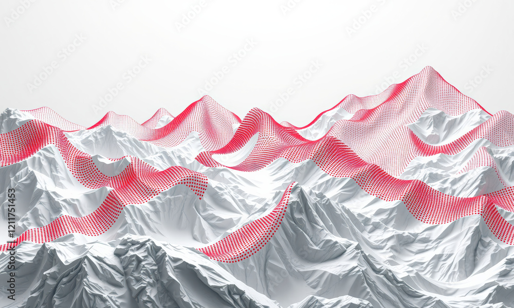 Poster abstract landscape with white mountains and red dotted patterns, creating modern artistic effect. de