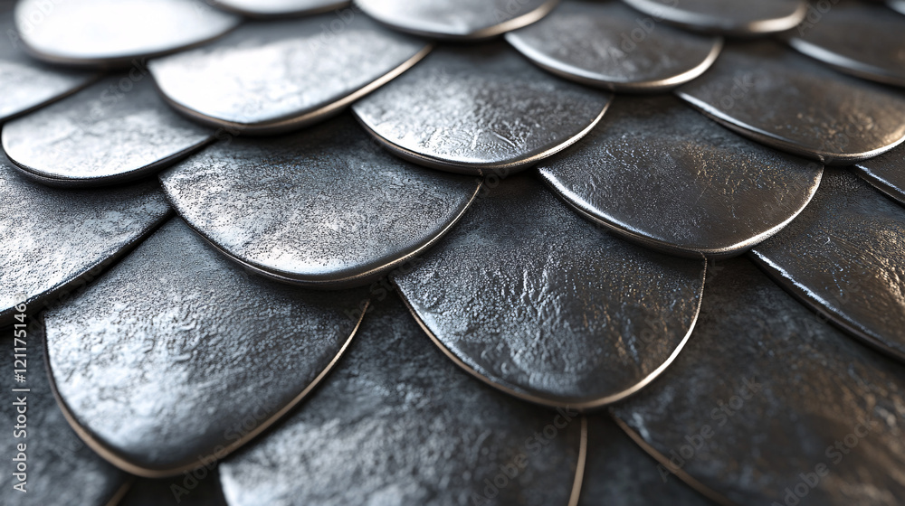 Poster a dark metallic scales texture with deep reflections and a layered design creating a structured and 