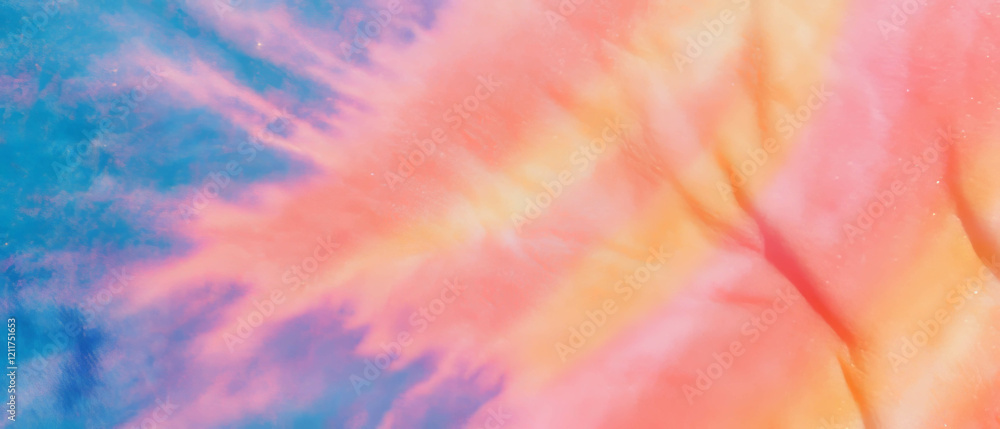 Poster Vibrant tie-dye fabric showcasing swirling patterns with glitter and abstract shapes