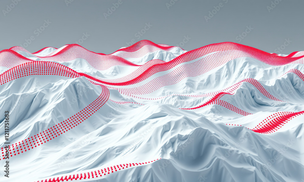 Poster abstract landscape with white mountains and red dotted lines creating dynamic visual effect, evoking
