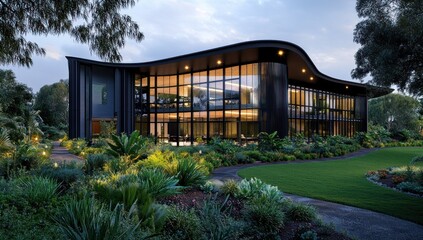 Obraz premium Modern Architectural Design: A Luxurious Contemporary Building Nestled in Lush Greenery