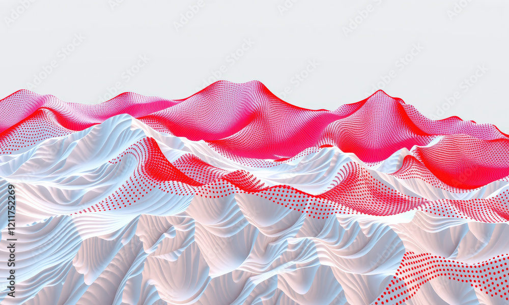 Poster abstract landscape with red and white wave patterns creating dynamic visual effect, evoking sense of