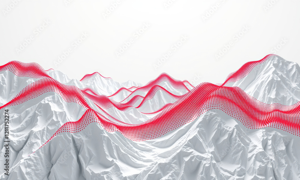 Poster abstract landscape featuring white mountains with red dotted lines, creating modern and artistic rep