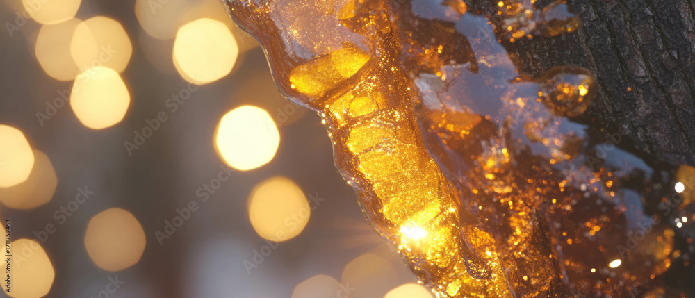 Poster golden tree sap with sticky texture and contrasting shapes in natural light