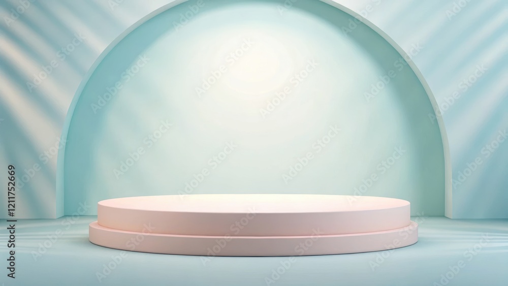 Poster podium concept, minimalist display stage with a soft blue background